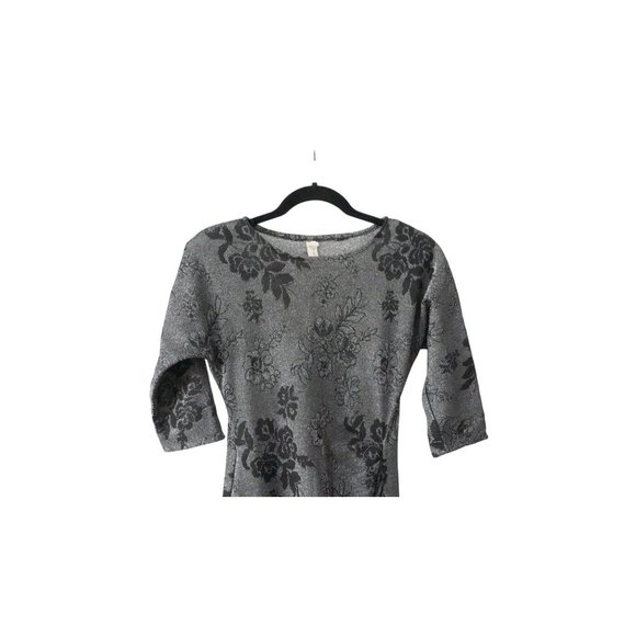 Vintage Lurex Dress Form Fitting Ruched at Hip Silver Black Size 5 Flower Print - Picture 2 of 11